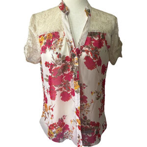 Cato Floral Lace Top Size Medium Pink Yellow Flowers Romantic Cottagecore Shabby